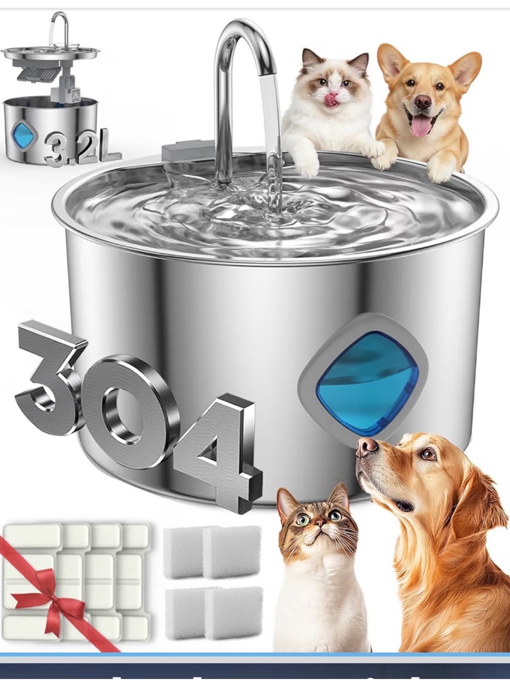 Stainless Steel Pet Water Fountain with Blue Window - 3.04L